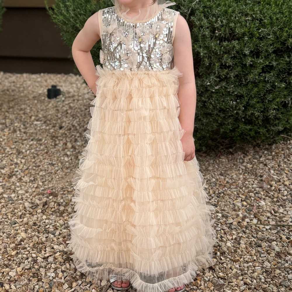 PETITE ADELE SEQUIN TULLE TIERED SEASHELL FLOWER RHINESTONE DRESS NEW